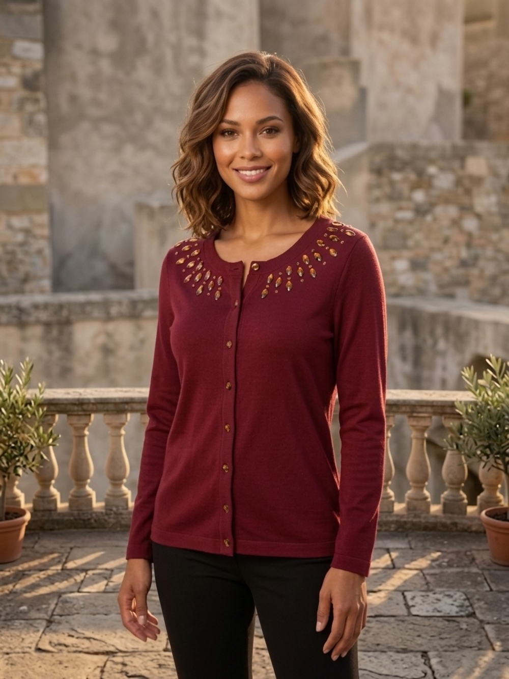 Women's Jeweled Crewneck Cardigan Long Sleeves Sweater - Burgundy Small